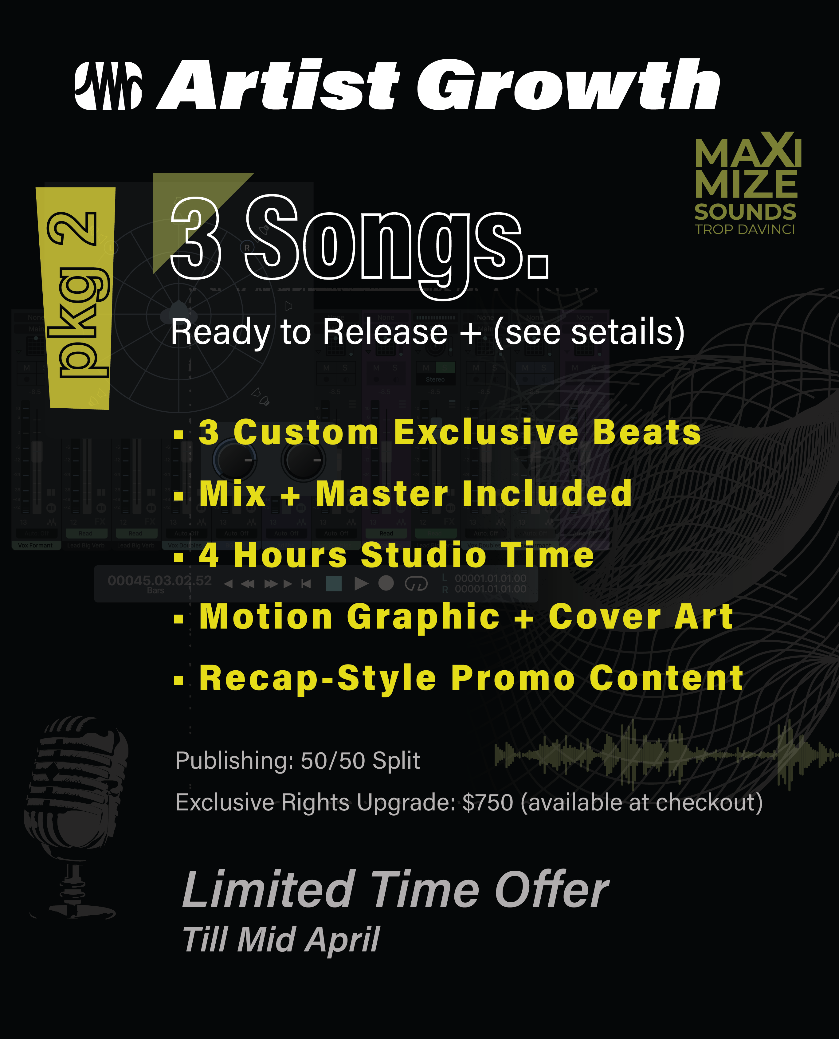 Artist Growth 3 Songs Package - music production with custom beats, mixing, mastering and promo content by Maximize Sounds