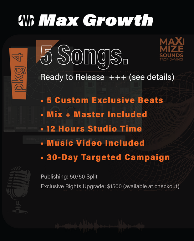 Max Growth 5 Songs Package - premium music production with beats, mixing, mastering, music video and marketing by Maximize Sounds